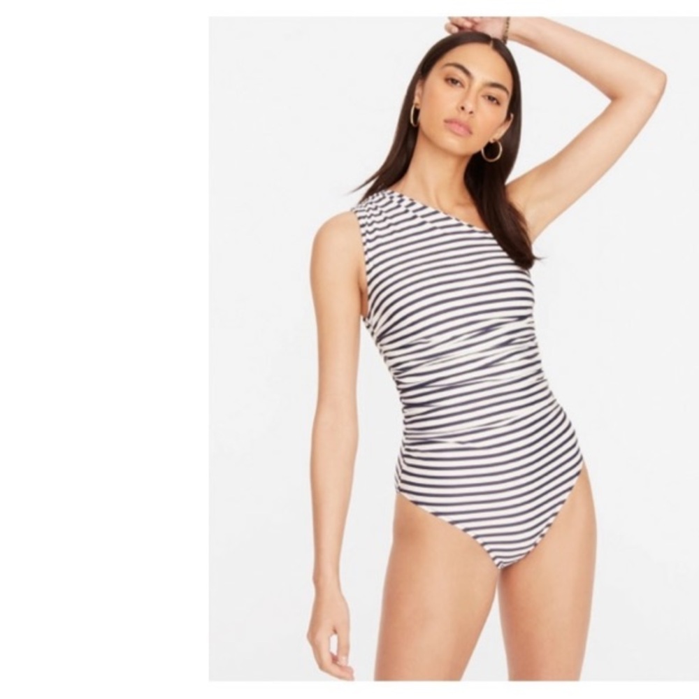 J. Crew Striped Ruched One Shoulder Swimsuit 14 Nautical Preppy Coastal Resort